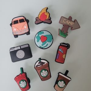 Shoe Charms jibbitz, Camping, Explore, Adventure, coffee bundle of 9! NEW